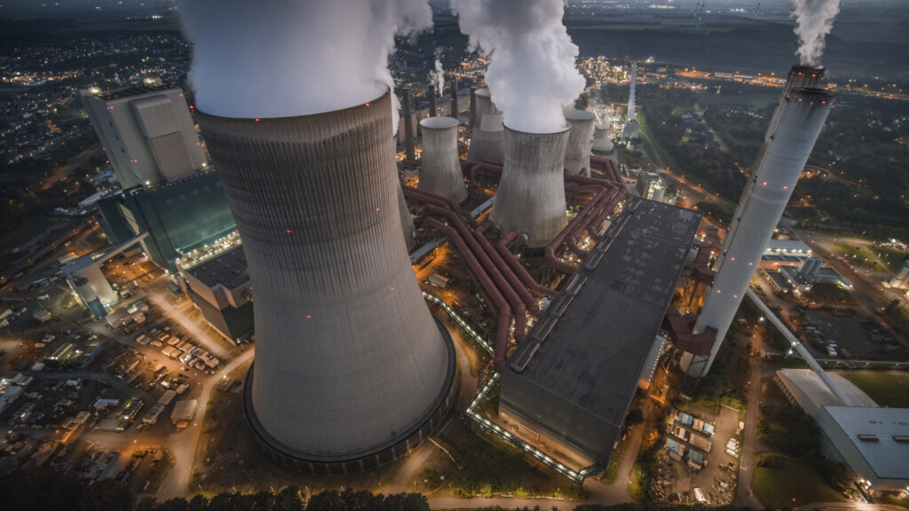 aerial view of an energy nuclear plant at sunset