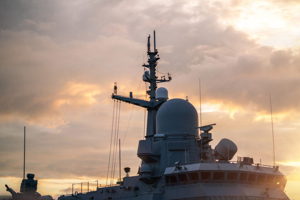 navigation radar tower on an underwater defense vessel