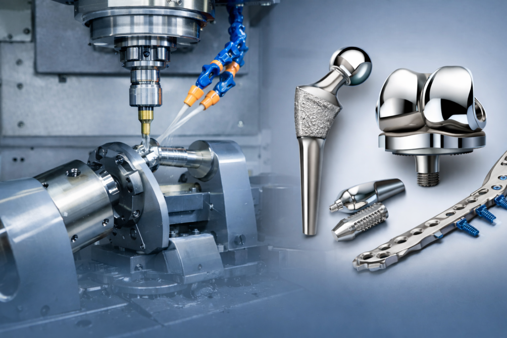 Multi-axis CNC machine manufacturing orthopedic implants and medical components
